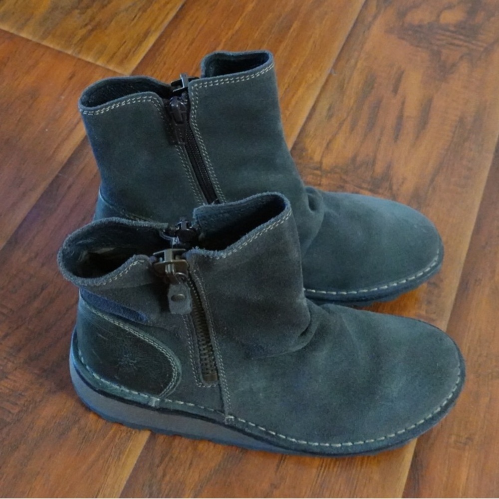 Fly London Suede Ankle Boots – Dark Green/Gray, Side Zip, Size 36‎